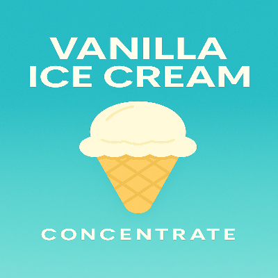 Vanilla ice cream cone on a blue background with the text 'Vanilla Ice Cream Concentrate'.