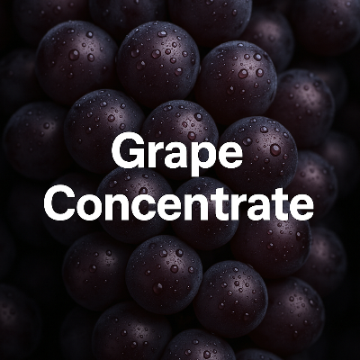 Grape concentrate with wet grapes and text overlay on a dark background