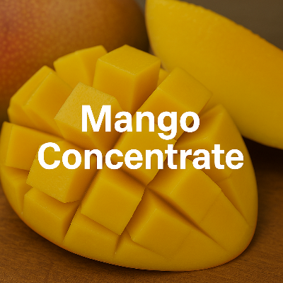 Mango concentrate with a sliced mango on a wooden surface